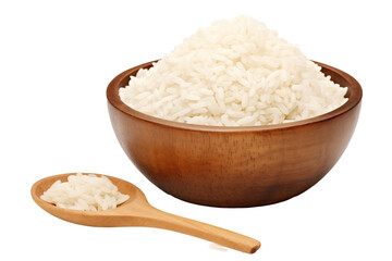 Fototapeta na wymiar Fresh White Rice in a Wooden Bowl and Spoon Isolated on transparent Background
