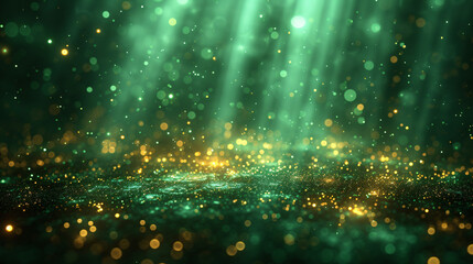 Asymmetric green light burst, abstract beautiful rays of lights on dark green background with the color of green and yellow, golden green sparkling backdrop with copy space