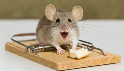 A mouse looking for cheese on a mousetrap