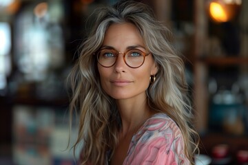 Obraz premium Latin Woman with Sweet Eyes, Sporting a Stylish Pink and White Ensemble and Modern Glasses Frame