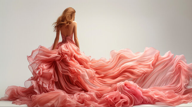 Model woman posing standing with her back in fantasy pink flowing dress. Fashion composition isolated on white background.