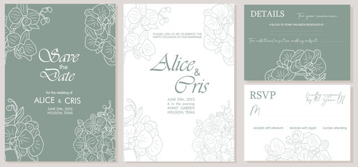 Elegant Wedding Invitation, Save the Date template with RSVP, Details cards. Minimalist botanical stylish orchid flower line art in modern sage green colors Vector illustration.