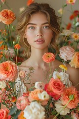 Naklejka premium Woman Holding a Bouquet of Roses and Mixed Flowers