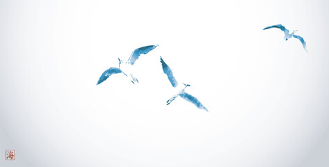 Minimalistic ink painting, displaying seagulls in flight in blue tones. Traditional oriental ink painting sumi-e, u-sin, go-hua on white background. Hieroglyph - sea
