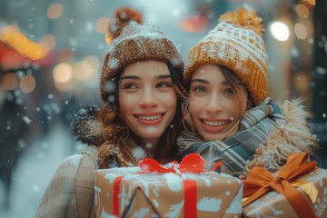 Young Mixed Lesbian Couple Enjoying Festive City Atmosphere While Buying Presents