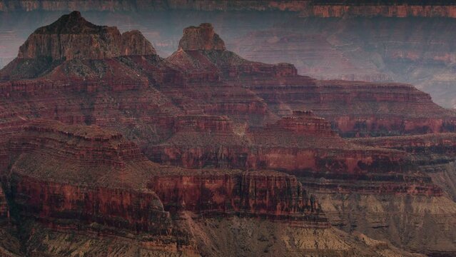Grand Canyon North Rim Sunset Zoroaster and Brahma Temple Thunderstorm Clouds Time Lapse Zoom Out Arizona USA