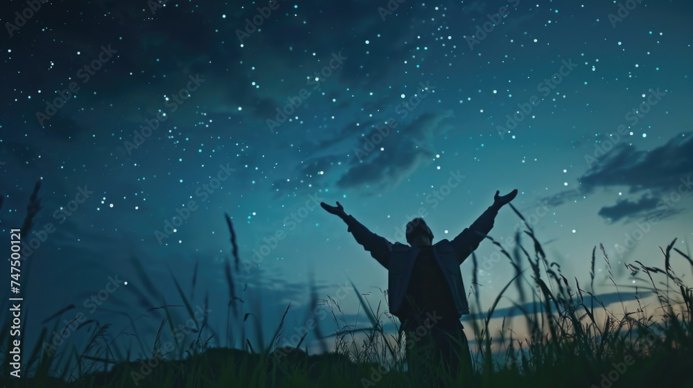Poster a person standing in a field with arms outstretched. suitable for wellness or freedom concepts