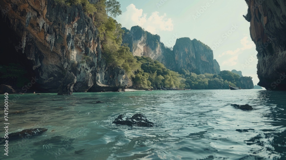 Poster Scenic view of a body of water with rocks and trees in the background. Suitable for nature and travel concepts