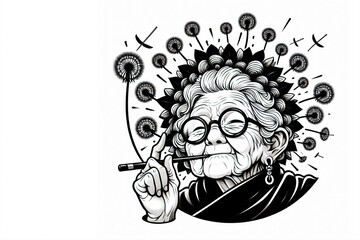Graphic depiction of a good-natured little old lady with dandelion hair with cigarette in mouthpiece in hand. Copy space. AI generative..