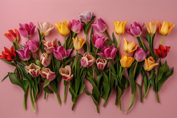 Springtime floral arrangement featuring vibrant tulips on a pink background Arranged in a flat lay style for a cheerful and colorful greeting Ideal for women's day or mother's day celebrations