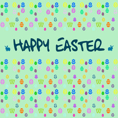 Green square Happy Easter card with bunnies, eggs, butterflies and flowers
