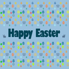 Light blue square Happy Easter card with bunnies, eggs, butterflies