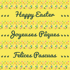 Yellow square Easter card with bunnies, eggs, butterflies, flowers written in 3 languages (english, french, spanish) - "joyeuses Pâques", Felices Pascuas" means "Happy Easter"