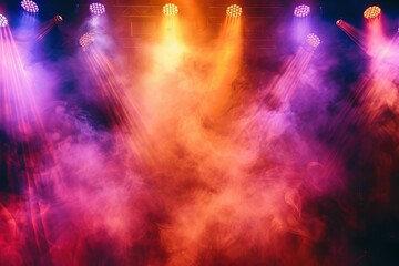 Stage illuminated by colorful spotlights and smoke Creating a dramatic setting for performances Concerts Or theater productions Emphasizing the art of stage design and lighting effects. - obrazy, fototapety, plakaty