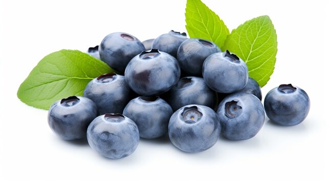 Fresh blueberries with bluberry leaves isolated on white background. Top vew
