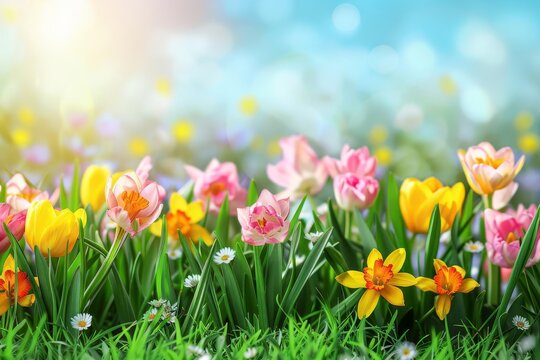 Spring meadow filled with colorful flowers Offering a vibrant and lively background for seasonal designs and themes