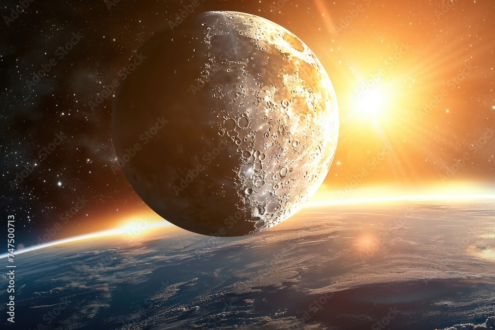 Poster earth seen from space with the sun shining in the background. suitable for educational and science-r