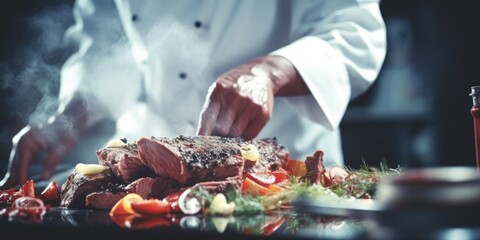 A chef in a white coat preparing food. Suitable for culinary concepts
