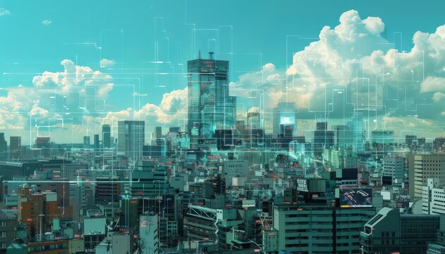 a cityscape with computer images attached, futurist elements, spot metering, light sky-blue and teal