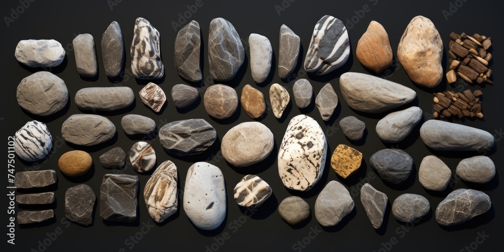 Poster a collection of rocks and stones on a black surface. suitable for various design projects