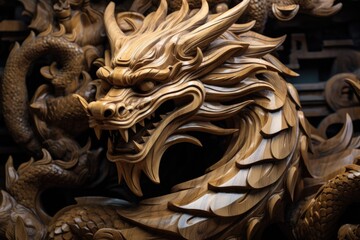 Detailed close up of a wooden dragon statue, perfect for interior design projects