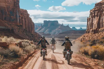 Tuinposter Three adventurers on a journey through breathtaking landscapes on electric bikes Emphasizing eco-friendly travel and exploration © Jelena