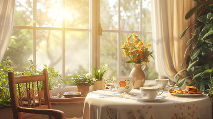 Breakfast room setting with table and chairs with a sunny morning view through the panorama window. 