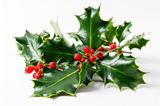 Traditional Christmas Holly: Vibrant Green Leaves and Red Berries on White Background