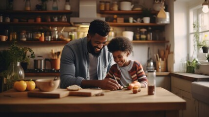 A man and a child preparing food in a kitchen. Suitable for family and cooking concepts