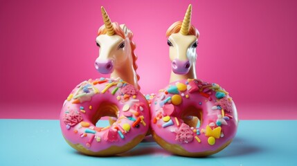 Two unicorn donuts with colorful sprinkles, perfect for a magical themed party