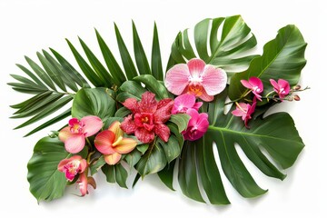 Tropical spring floral arrangement Vibrant green leaves and flowers isolated for greeting or wedding card designs