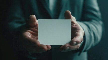 Businessman holding blank white card, suitable for business presentations