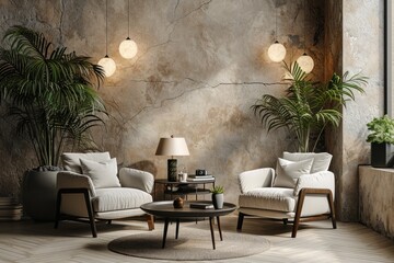 Stylish Living Room Interior with Armchairs and Decoration, Mockup Wall - 3D Concept Design