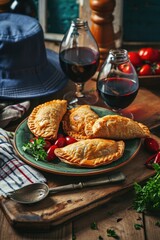 Fiestas Patrias: Traditional Chilean Independence Day Celebration with Empanadas, Wine, and Cultural Decor on Wooden Background