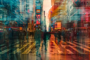 Foto op Aluminium Urban time-slice photography Vibrant street scenes blending day and night Bustling city life captured in a single frame Architectural landmarks Vivid urban tapestry © Jelena