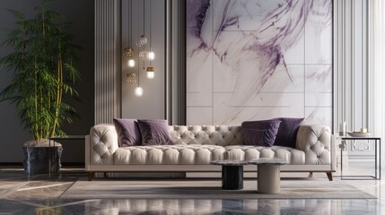 Modern Living Room Interior with Beige Sofa and Abstract Decorative Wall Panel