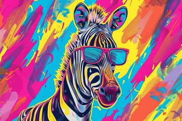 Fototapeta na wymiar Vibrant Hand-drawn cartoon zebra wearing cool sunglasses Set against a playful Abstract background.