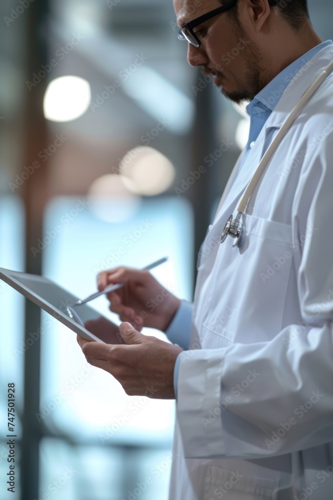 Poster A man in a lab coat holding a tablet computer. Suitable for scientific and technology concepts