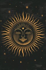 A black and gold drawing of a sun with a face. Suitable for various design projects