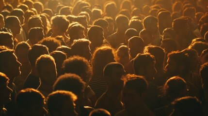 Crowd of people standing in front of a bright light source. Suitable for various events and gatherings