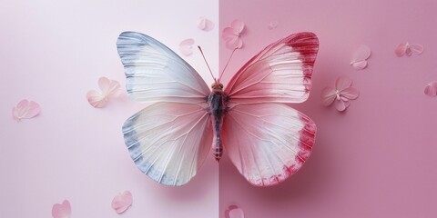 An animated butterfly is engaging in a discussion about transformation stories on an inspirational influencer's platform, set against a backdrop of a pastel pink background.