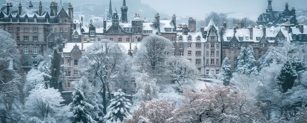 snow covered trees and buildings, in the style of tranquil winter, white and emerald