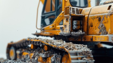 Close up of a yellow bulldozer in the snow, suitable for construction or winter themes