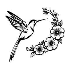 Hummingbird, Flying bird, vector illustration Hummingbird with flowers, Flying bird, vector illustration