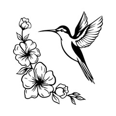 Hummingbird, Flying bird, vector illustration Hummingbird with flowers, Flying bird, vector illustration