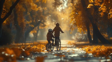 Autumn Bike Lesson in Golden Park, Warm autumnal hues envelop a child learning to ride a bike, guided by a parent through a park, leaves swirling around - obrazy, fototapety, plakaty