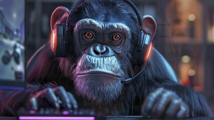 Gamer influencer plays games in an animated setting with a cool grey pastel background and a live streaming monkey.