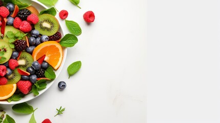 Fresh salad with fruits and greens on white background top view with space for text. Healthy food