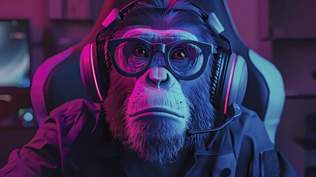 An influential gamer streams games with a cool grey pastel background while embodying an animated monkey persona.