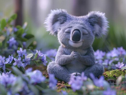 An animated koala guides a serene meditation with a zen influencer aura against a soft lilac backdrop.